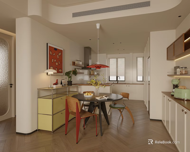 Modern Restaurant Interior With Round Dining Table Colorful Chairs Yellow Cabinets And Pendant Light 3d model 