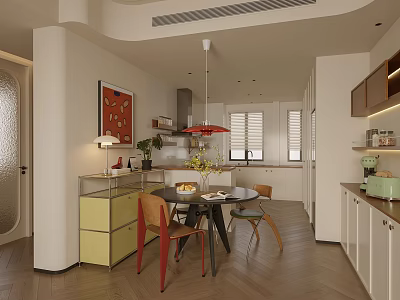 Modern Restaurant Interior With Round Dining Table Colorful Chairs Yellow Cabinets And Pendant Light 3d model