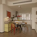 Modern Restaurant Interior With Round Dining Table Colorful Chairs Yellow Cabinets And Pendant Light