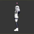 Game Anime Character With White Hair Pink Head Ball And Blue Red Striped White Outfit