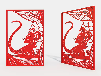 Red Decorative Paper Cuttings With Rat Design Leaves And Grapes For Home Decoration 3d model