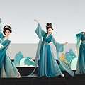 Women dancing in blue traditional ancient style costumes with flowing skirts and mountain shaped backdrops
