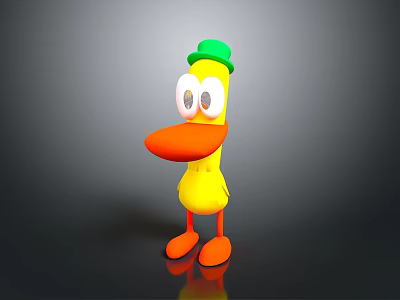 Cartoon Yellow Duck Character Wearing Green Hat With Big Eyes Orange Beak And Feet 3d model