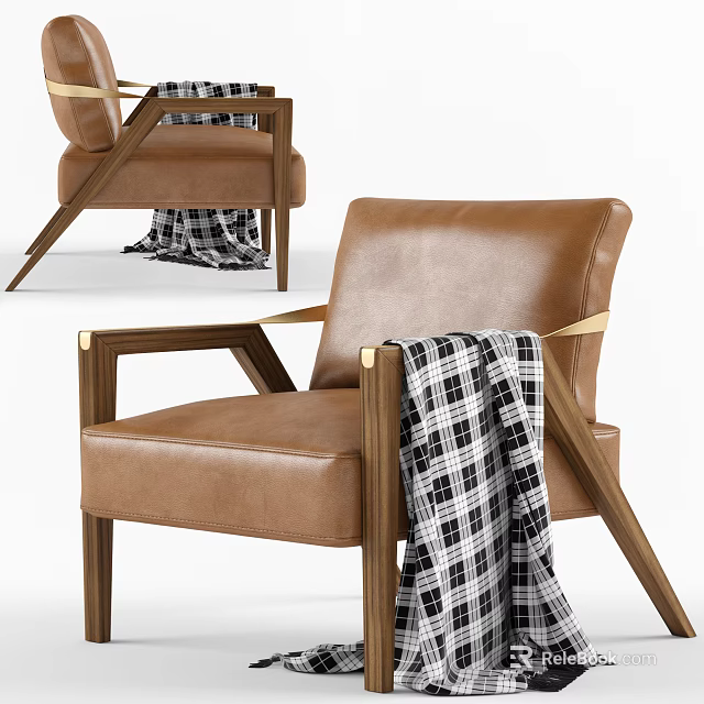 Brown Leather Accent Chair With Wooden Arms Golden Accents And Plaid Blanket 3d model 