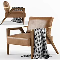 Brown Leather Accent Chair With Wooden Arms Golden Accents And Plaid Blanket