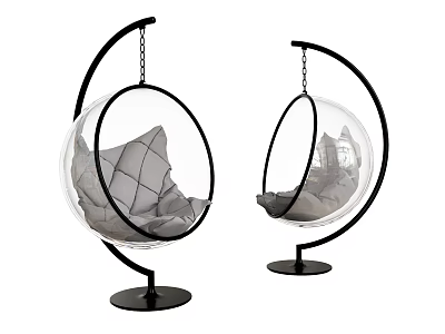 Modern Transparent Globe Hanging Chair with Black Metal Stand and Gray Quilted Cushion 3d model