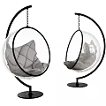 Modern Transparent Globe Hanging Chair with Black Metal Stand and Gray Quilted Cushion