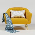 Comfortable Yellow Single Sofa With Geometric Pattern Pillow And Blue White Leaf Throw 3d model