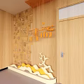 Art Installation Featuring Wooden Wall Chinese Characters Orange 3D Design And Mountain Shaped Decor