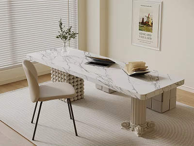 Elegant Interior With Marble Top Long Table Chair Blinds Wall Poster Potted Plant And Rug 3d model