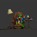 Green Dragon Reading Book On Brown Armchair With Side Table Lamp And Books