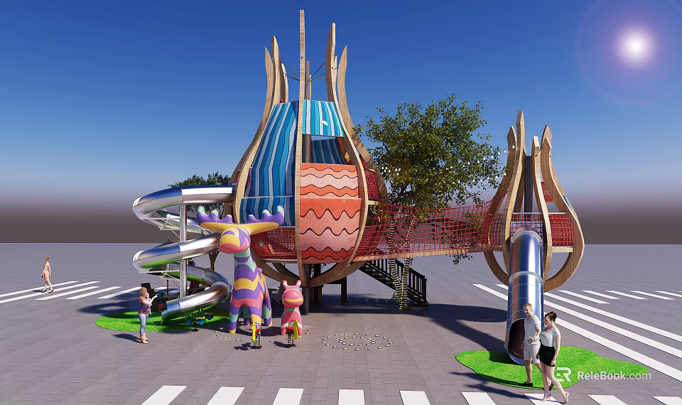 Colorful Outdoor Playground Equipment With Slides Climbing Net And Children Playing 3d model 
