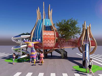 Colorful Outdoor Playground Equipment With Slides Climbing Net And Children Playing 3d model