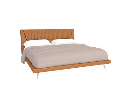 Double Bed with Brown Striped Headboard Light Gray Mattress White Pillows and Metal Legs 3d model