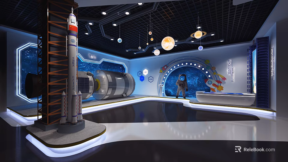 Space Themed Exhibition Interior With Rocket Model Astronaut Figure And Planet Decorations 3d model 