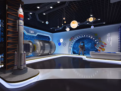 Space Themed Exhibition Interior With Rocket Model Astronaut Figure And Planet Decorations 3d model