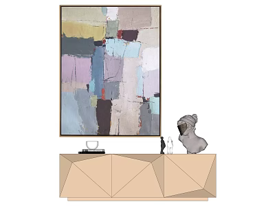 Abstract Colorful Painting On Wall With Geometric Cabinet Dog Figurine And Glassware 3d model