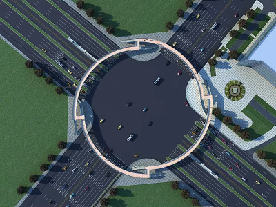 Circular Bridge Structure Connecting Multiple Roads With Vehicles And Green Areas 3d model