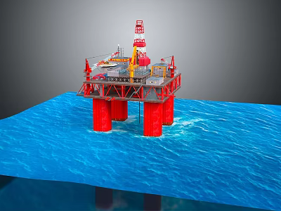 Offshore Oil Drilling Platform with Red Pillars and Industrial Equipment in Marine Environment 3d model