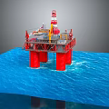 Offshore Oil Drilling Platform with Red Pillars and Industrial Equipment in Marine Environment