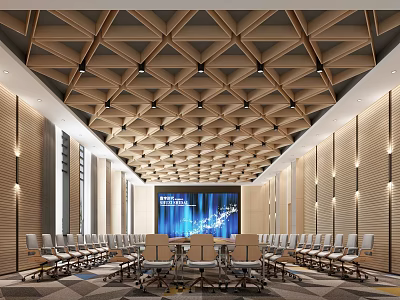Modern Conference Room Interior Design With Geometric Wooden Ceiling Large Digital Screen And Arranged Chairs 3d model