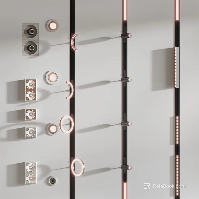 Modern Downlights and Spotlights Featuring Various Elegant Styles on Display Wall 3d model