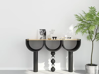Modern Console Table Design With Wooden Top Black Legs And Decorative Items Near Green Plant 3d model