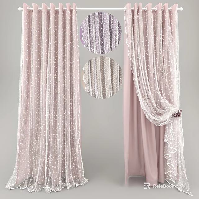Elegant Pink White Curtain With Beaded Dots And Lace Trim Design 3d model 