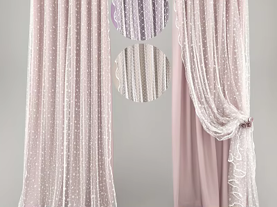 Elegant Pink White Curtain With Beaded Dots And Lace Trim Design 3d model