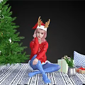 Woman Wearing Red Sweater Blue Pants Reindeer Antlers Sitting By Christmas Tree With Gifts
