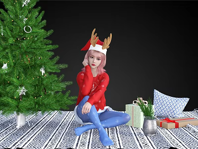 Woman Wearing Red Sweater Blue Pants Reindeer Antlers Sitting By Christmas Tree With Gifts 3d model