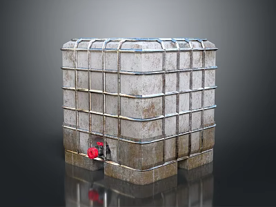 Industrial IBC Tote Storage Equipment With Metal Frame Rustic Surface And Red Valve 3d model
