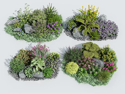 Beautiful Garden Flower and Plant Arrangements with Various Greenery Purple Pink Blooms and Stones 3d model