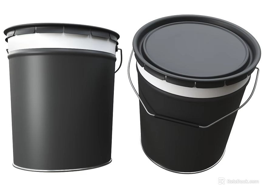 Set Of Two Black Paint Buckets With White Rim And Metal Handles 3d model 