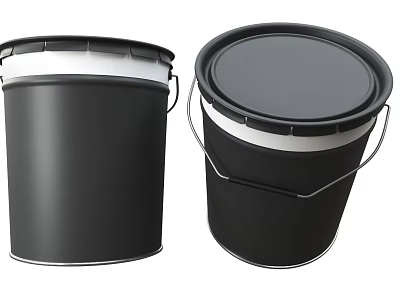 Set Of Two Black Paint Buckets With White Rim And Metal Handles 3d model