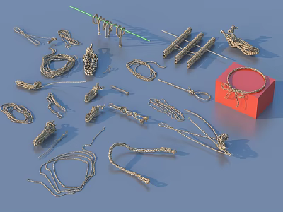 Assorted Household Rope Items With Decorative Knots and Red Storage Box 3d model