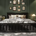 Double Bed with Dark Wooden Headboard Striped Pillows Gray Cushion Nightstand Lamp and Green Walls