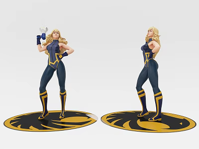 Game and Movie Female Character Wearing Blue Gold Bodysuit with Yellow Stripes on Circular Base 3d model