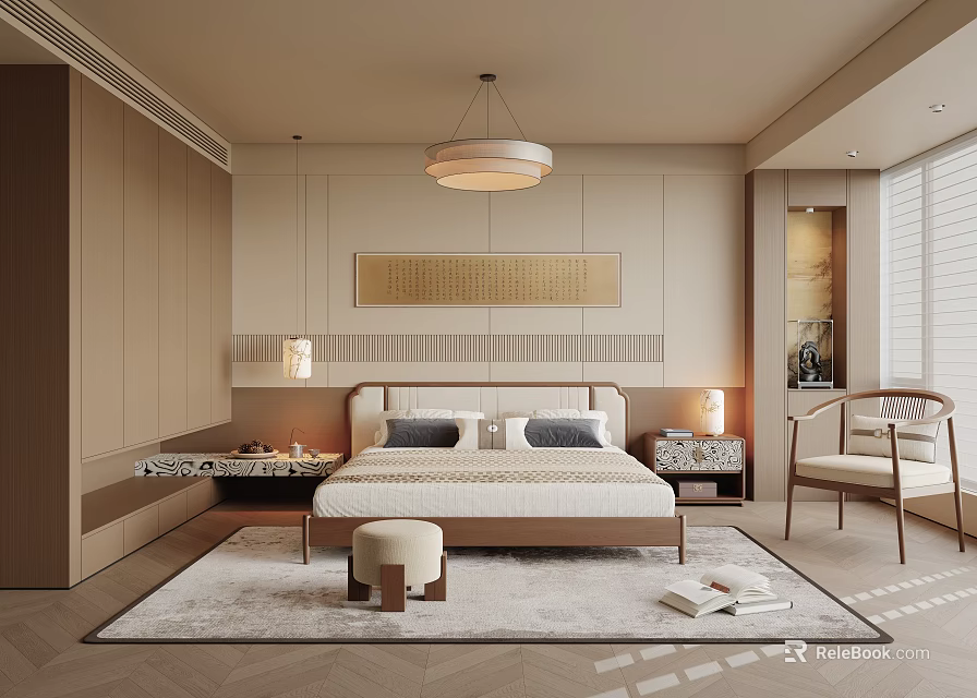 Modern Minimalist Bedroom Interior With Soft Beige Tones Upholstered Headboard Pendant Light And Herringbone Rug 3d model 