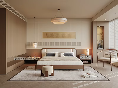 Modern Minimalist Bedroom Interior With Soft Beige Tones Upholstered Headboard Pendant Light And Herringbone Rug 3d model