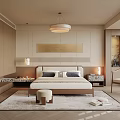 Modern Minimalist Bedroom Interior With Soft Beige Tones Upholstered Headboard Pendant Light And Herringbone Rug