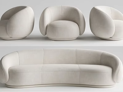 Modern Cream Three Seater Sofa With Rounded Design And Matching Armchairs 3d model