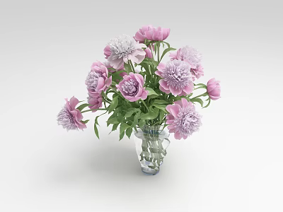 Pink and Purple Peonies in Transparent Glass Vase with Green Leaves 3d model