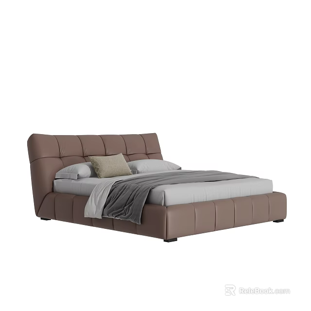 Modern Double Bed With Leather Upholstered Headboard Square Stitching And Neutral Tones 3d model