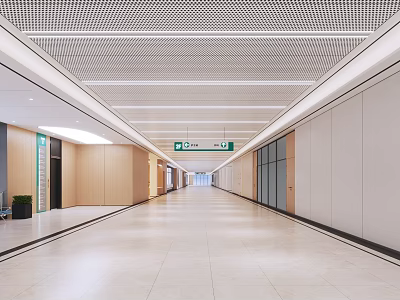 Spacious Bright Hospital Outpatient Corridor With Wooden White Walls Light Floor Tiles Green Signs 3d model