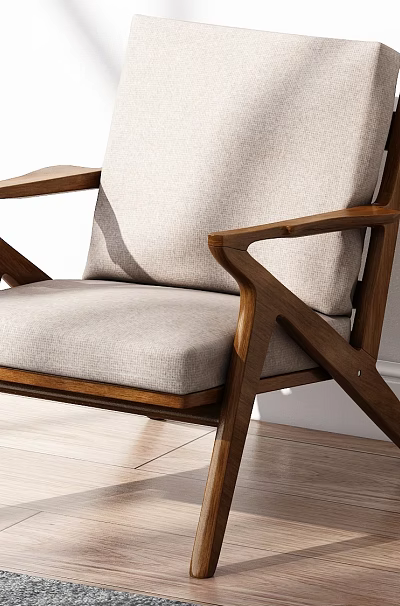 Modern Lounge Chair With Light Gray Upholstery Wooden Armrests And Frame For Minimalist Living Room 3d model