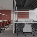 Modern Public Office Space Featuring Display Wall Seating Bench And Glass Shelves 3d model