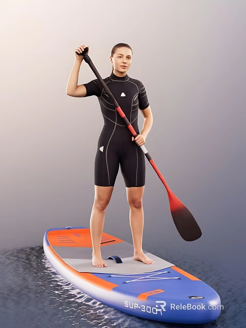 Woman in black wetsuit standing on orange and blue paddleboard holding red and black paddle 3d model 