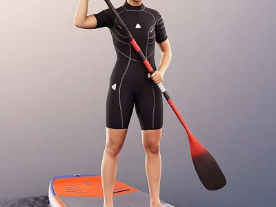 Woman in black wetsuit standing on orange and blue paddleboard holding red and black paddle 3d model