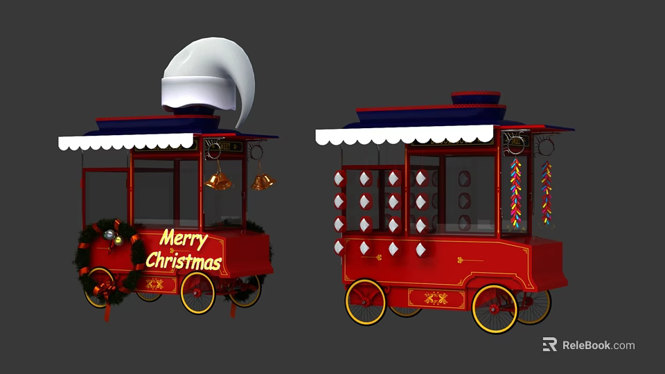 Festive Red Christmas Cart With White Canopy Bells And Merry Christmas Sign 3d model 